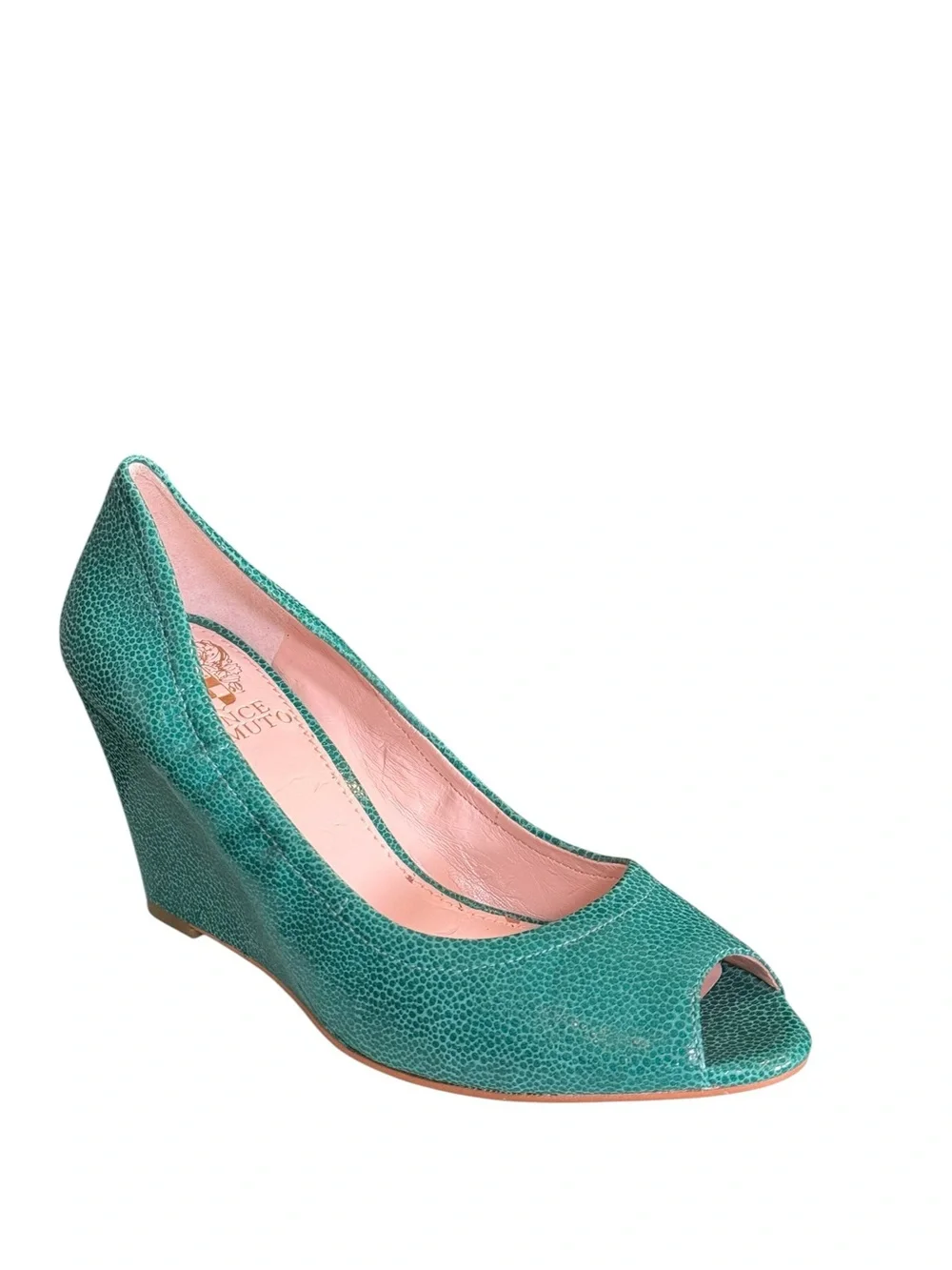 Vince Camuto Emerald Green Embossed Leather Peep Toe Wedge Heels 6.5M